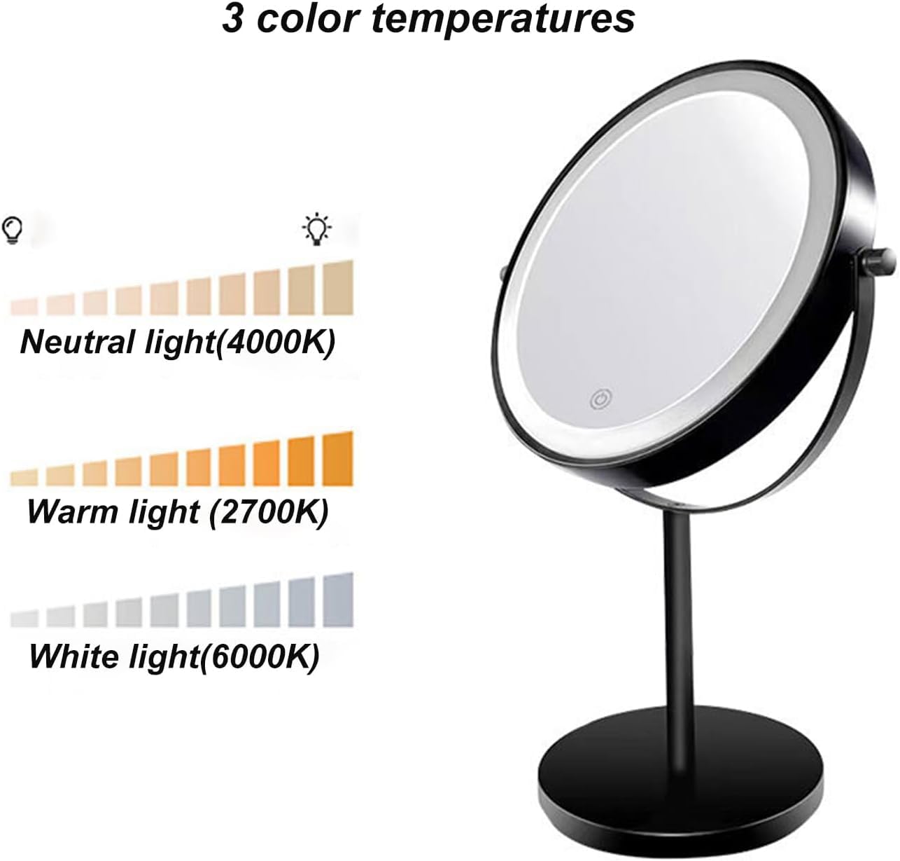 Ściemnialne Lustro Powiększające Z Ekranem Dotykowym W 3 Kolorach, Akumulatorowe Podświetlane Dwustronne Lustro Do Golenia Stojak Na Lusterko Led Vanity, Chrome, 10X