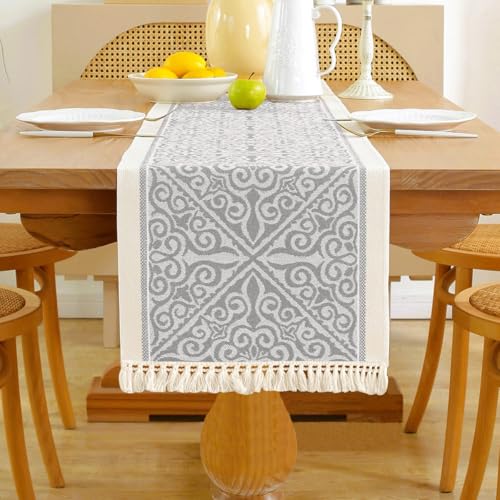 HomeyHo Floral Coffee Table Runner for Living Room Kitchen Farmhouse Bordered Dining Table Runner with Fringe Rectangle Heat Resistant Elegant Grey 14