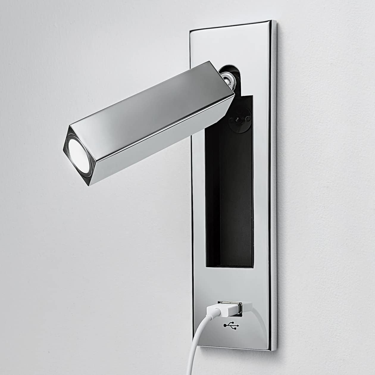 Integral Bedside Reading Light Fixture Bedroom Reading Wall Lamp Headboard Bed Night Reading Light 3W LED with Hidden Switch & USB Fast Charging Port Polished Chrome