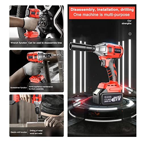 Elsoon Cordless Impact Wrench 1/2 Inch, 21V Brushless Power Impact Gun, Max Torque 310 Ft-Lbs (420N.m), 4.0Ah Li-Ion Battery, 6Pcs Driver Impact Sockets, High Torque Power Impact Wrench For Car Home #TOP2