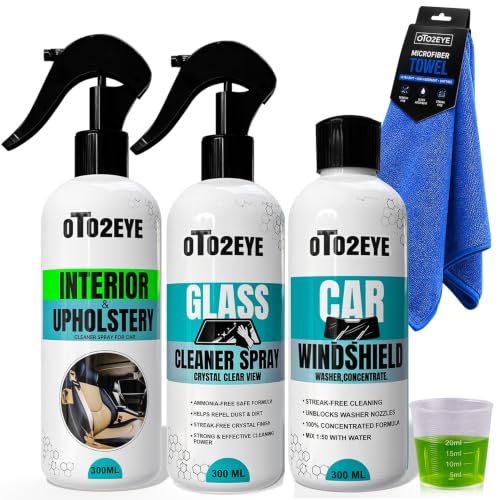 Image of OTO2EYE Car Care Cleaning Kit - 300mL Windshield Washer Fluid, 300mL Glass Cleaner, Interior Cleaner & Protectant with UV Protection, Microfiber Towel (Pack of 4)