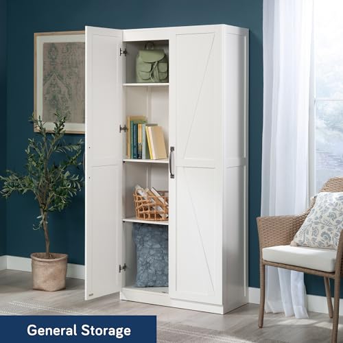 Image of Sauder HomePlus Farmhouse Multipurpose Storage Cabinet Tall Pantry with Adjustable Shelves, in White Finish