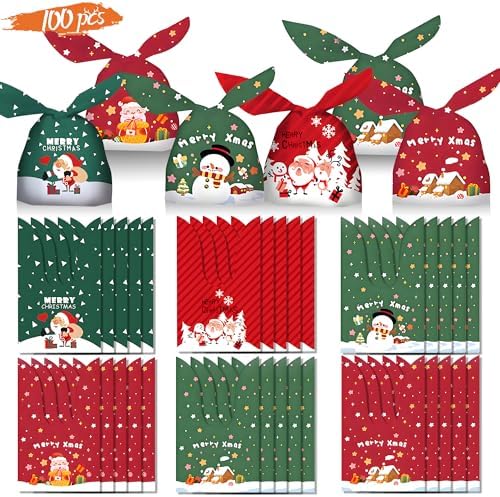 Christmas Candy Wrapping Bags, Xmas Rabbit Ears Goodie Bags (100PCS, 6 Cute Designs)