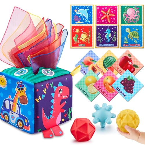 Image of Comirth Baby Tissue Box Toy, Montessori Toys for Babies 6-12 Months - Premium Cotton Play Scarves Infant Toys with 3 Sensory Balls, Newborn Educational Baby Toys 6 to 12 Months, STEM Toddler 1-3 Gift