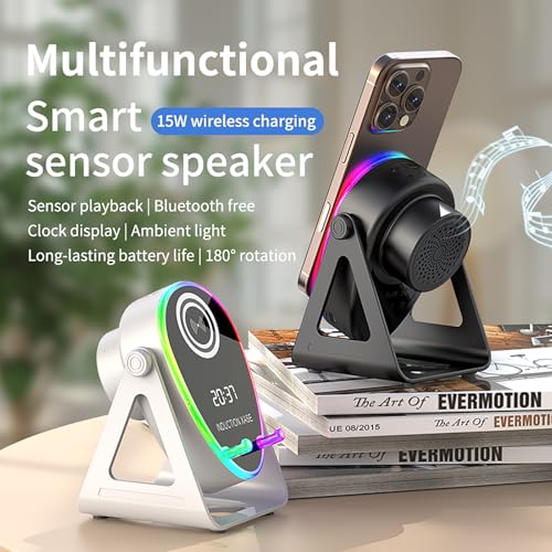 Image of 5 in 1 Induction Bluetooth Speaker with Phone Stand, 1800mAh RGB Lighting Induction Speaker, 360 Surround Sound, 4-13 inch Device Fit, Ideal for Men Women, Parties, Gaming