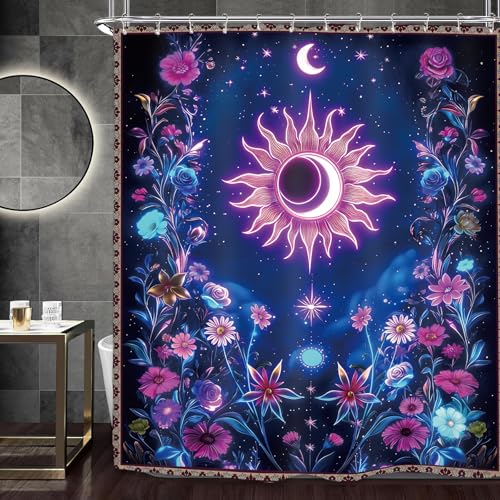Miyotaa Sun Moon Wildflower Night Shower Curtain Set 60Wx71H Inches Celestial Witchy Tarot Mysterious Neon Plant Botanical Starry Waterproof Bathroom Curtain with 12 Hooks