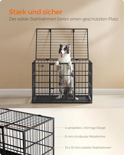 Feandrea Hundekäfig hochbelastbar, Hundebox, 107 x 70 x 75 cm, für mittelgroße und große Hunde, mit herausnehmbarer Bodenschale, Doppeltüren, leicht zu reinigen, Haustierkäfig, tintenschwarz PPD005B01