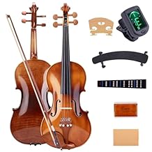 ALLSET 3/4 Full Size Acoustic Violin Kit for Beginners | Polywood Glossy Handmade Violin with Hard Case, Bow, Rosin, Shoulder Rest, Tuner & Extra Strings | Violin for adults | Tiger Stripe