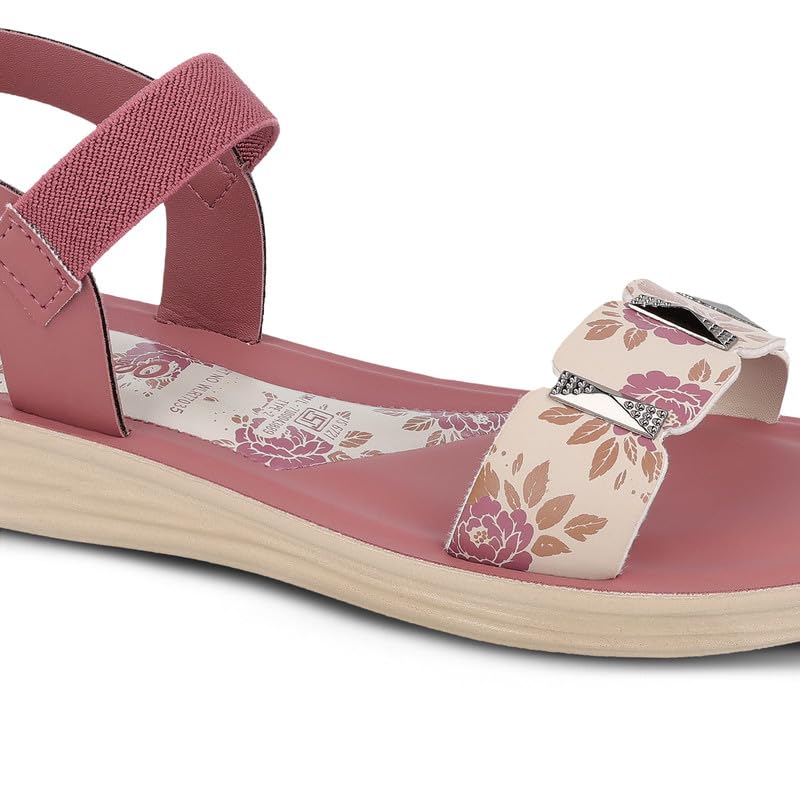 Image of WALKAROO Women Comfortable Flat Sandals|Floral Printed Front Strap, Elastic Ankle Strap, Soft Cushioned Footbed, Lightweight PU Sole|Casual Wear for women's|WLR77035