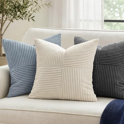 Image of MIULEE Coastal Dustyblue Decorative Throw Pillow Covers 18x18 Inch for Couch Bed Sofa Pack of 2 Summer Boho Farmhouse Throw Pillows Soft Cross Corduroy Patchwork Textured Cushion Cases