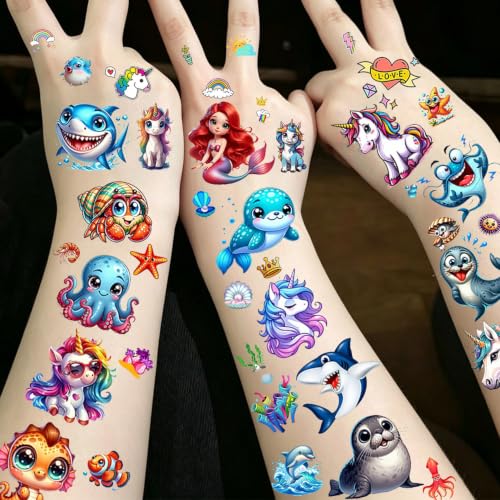 Image of 300+ PCS 40 Sheets Cartoon Temporary Tattoos For Kids Boys Girls Child Children Tattoo Sticker Birthday Party Favor Supplies, Funny Animals Unicorn Dinosaur Fake Tattoos Party Decoration Accessories