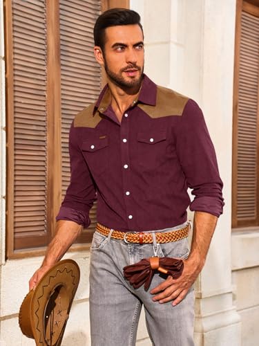 Image of Yousify Mens Western Cowboy Shirt Retro Corduroy Shirts with Pockets | Long Sleeve, Button Down, Vintage Snap Shirt, Country Shacket Jackets