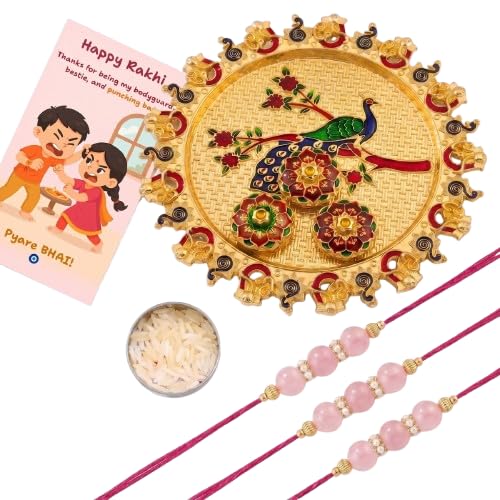 Image of Pink Beaded Rakhi for Brother with Greeting Card, Roli Chawal | Premium Pearl Stone Designer Rakhi | Raksha Bandhan Gift for Brother