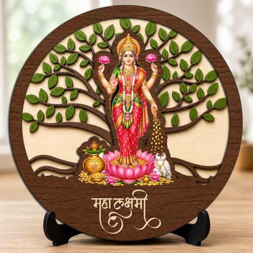 Image of Lakshmi Maa Wooden Idol with Stand for Home Temple, Puja Room, Office Desk & Indoor Mandir Decor - 5x5 Inch