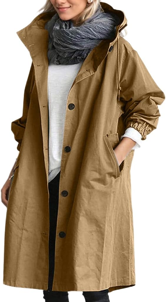 TIAFORD Women's Lightweight Button Down Hooded Trech Coat Oversized Casual Windbreaker Long Jackets with Pockets