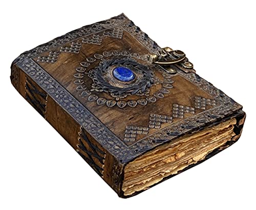 Vintage Leather Journal with Semi Precious Stone - 200 Pages Antique Deckle Edge Paper - Book of Shadows Journal Blank, Grimoire Journal, Witch Journal, Leather Sketchbook & Writing Journal 7x5 Inch