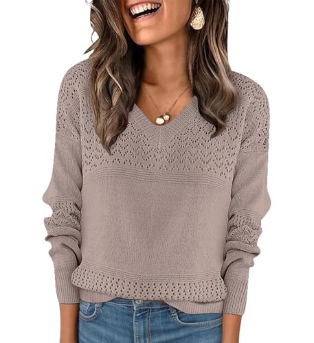 Image of Bluetime Womens Fall Fashion 2024 Sweaters V Neck Ribbed Knit Lightweight Casual Long Sleeve Crochet Pullover Sweater Tops
