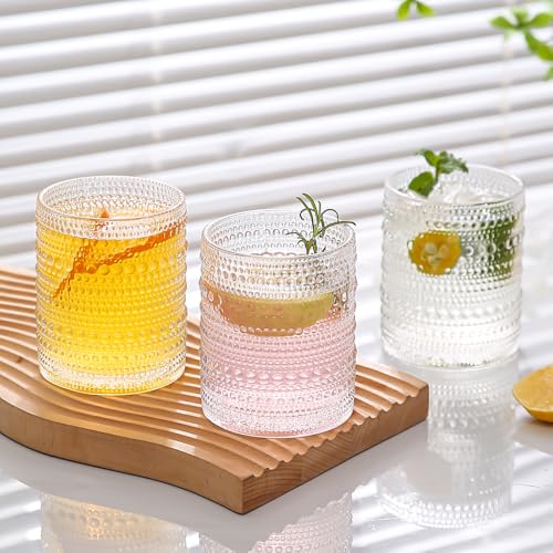 Image of ZMOWIPDL 12oz & 15oz Hobnail Drinking Glasses,Clear Glass Cups Set of 8 | Vintage Highball Glassware，Kitchen Drinkware，Embossed Water Tumbler,for Beer,Cocktail,Whiskey,Juice,Various Mixed Drinks