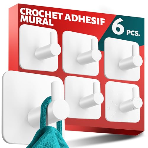 Menz 6 Pièces Crochet Adhesif Mural, Porte Serviette Salle de Bain, Etanche Autocollan Accroche Pour Torchon de Cuisine, Blanc