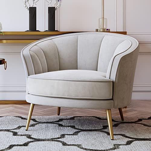 Polib Modern Barrel Chair, Comfy Beige Velvet Leisure Accent Chair Upholstered Armchair Vanity Chair for Bedroom, Living Room, Meeting Room