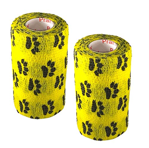 Image of Vet Wrap Wrap Tape (Yellow with Paw Prints) (2 Pack) (4 Inch x 15 feet) Self Adhesive Adherent Adhering Cohesive Flex Self Stick Bandage Grip Roll Dog Cat Pet Horse