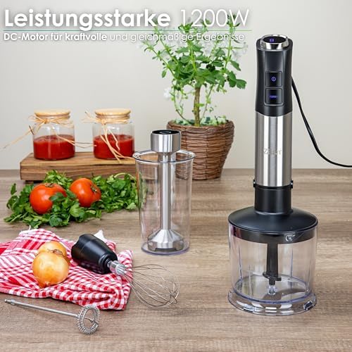 Bild 1 - 5-in-1 Stabmixer Set 1200 Watt Pürierstab, Zerkleinerer, Schneebesen, Milchaufschäumer, Messbecher Leistungsstarker Handmixer, Häcksler 12 Geschwindigkeiten Turbo zum Pürieren der härtesten Zutaten