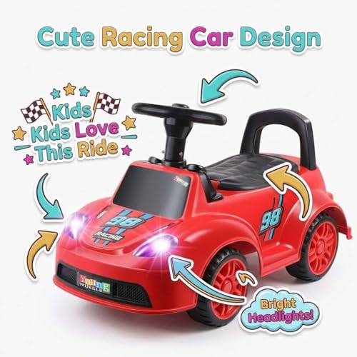 Image of Baby Kids Ride On Red Car for Toddlers with Steering Wheel & Backrest | Foot to Floor Baby Push Car | Indoor Outdoor | Strong Wheels & Comfortable Seat | Racing Design for Boys & Girls (1-3 Years)