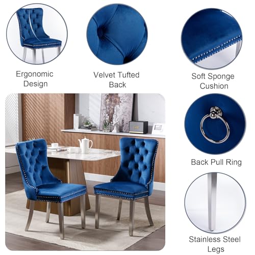Image of 94.5 inch Faux Marble Dining Table Set for 10, Modern White Extendable Kitchen Table with Mirrored Pedestal, Modern Dining Room Table with 10 Blue Tufted Velvet Chairs, 11 Piece Dining Set for Living