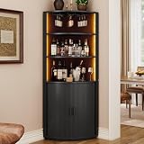 ONBRILL 72' Tall Corner Bar Cabinet with LED Light, Liquor Cabinets, Black