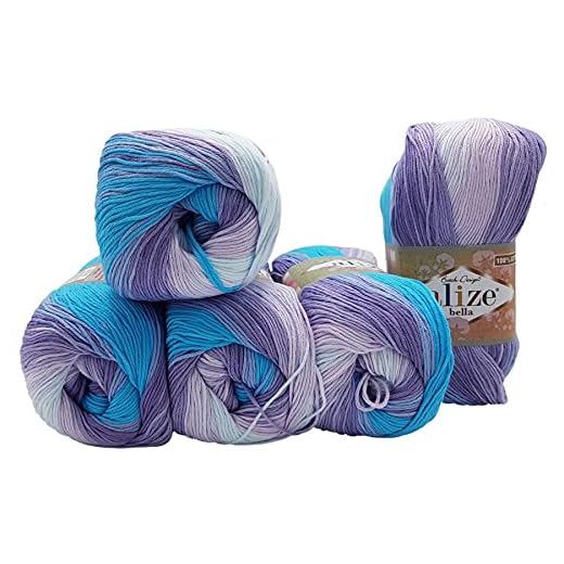Bella Batik 3677 - 5 ovillos de 100 g de lana de algodón 100 % para tejer (lila, turquesa y blanco)