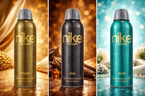 Image of Nike Woman Deodorant Spray Pack of 3 - Honey, Oud & Musk Long Lasting Fragrance Body Spray for Women | 24H Freshness | 200ml Each