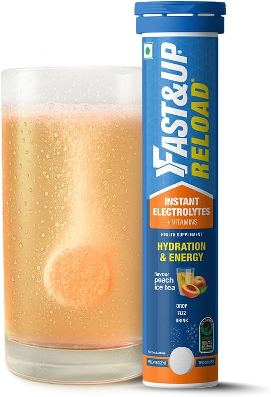Fast&Up Reload (5 Litres) Low Sugar energy drink for Instant Hydration - 20 Effervescent Tablets with 5 Essential Electrolytes + Added Vitamins - Certified Electrolytes Drink - Peach Ice Tea flavour