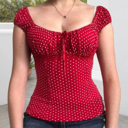 Women Fairy Grunge Shirt Summer Cap Sleeve Lace Up Polka Dot Milkmaid Tops Vinatge E-Girls Aesthetic Clothes2