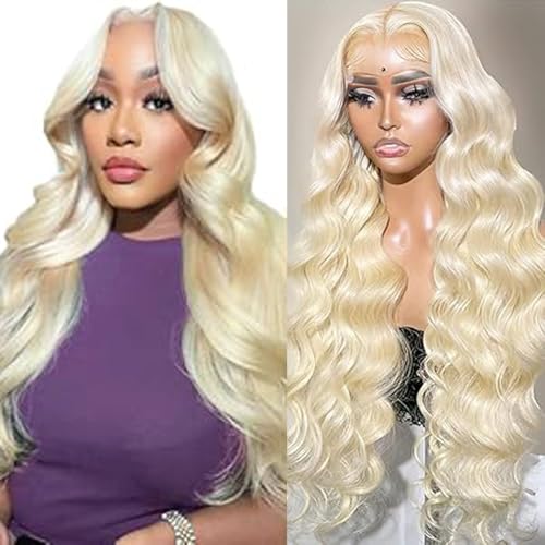 Hxxcoup Human Hair Wig Body Wave 13x4 Lace Front #613 Blonde Perruque Femme Cheveux Humain Glueless Wear and Go Blenched Knots with Baby Hair for Woman Minimal...