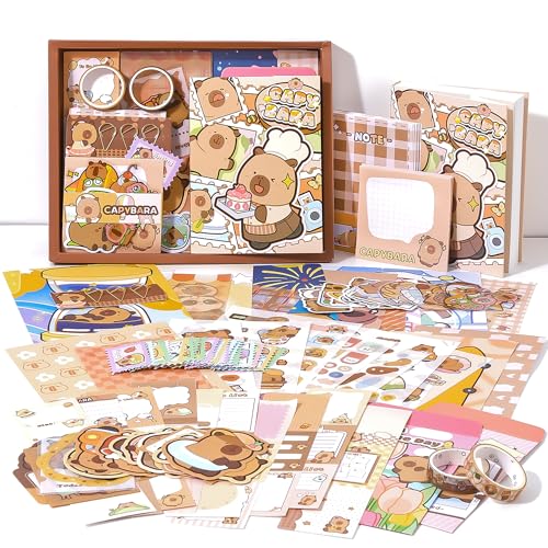 Image of The AutoStory Kawaii Scrapbooking Kit A6 Junk Journal Cute Animal Stickers Decor Collage Paper Washi Tape DIY Craft Art Creative Diary Activity Present Kids Teens Girls (Happy Capybara, Brown)