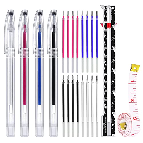 sunioine 4 Colors Heat Erasable Fabric Marking Pens with 16 Refills, 1 Gauge Sewing Measuring Tool and 1 Soft Tape Measure, for Multi-Color Fabrics Sewing, Tailor's Sewing Fabric Markers Tools