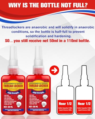 Image of Thread Lock Red, Threadlocker High Strength, Thread Locker for Nuts, Bolts, Fasteners and Metals, Anaerobic Curing Screw Glue to Prevent Loosening (Red (Permanent) 50ml*2)