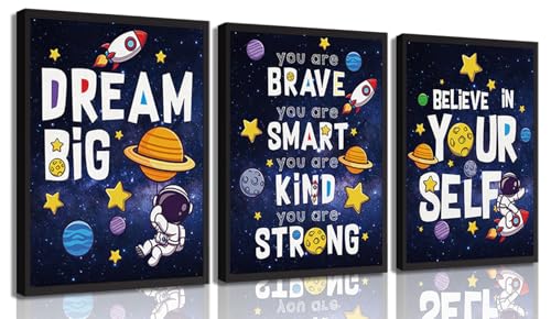 Image of 3Pcs Inspirational Space Astronaut Kids Poster Wall Art, Inspirational Quotes Painting Picture Wall Decor, Boys Positive Affirmative Poster Print Artwork for Playroom, Classroom, 12x16in Unframed