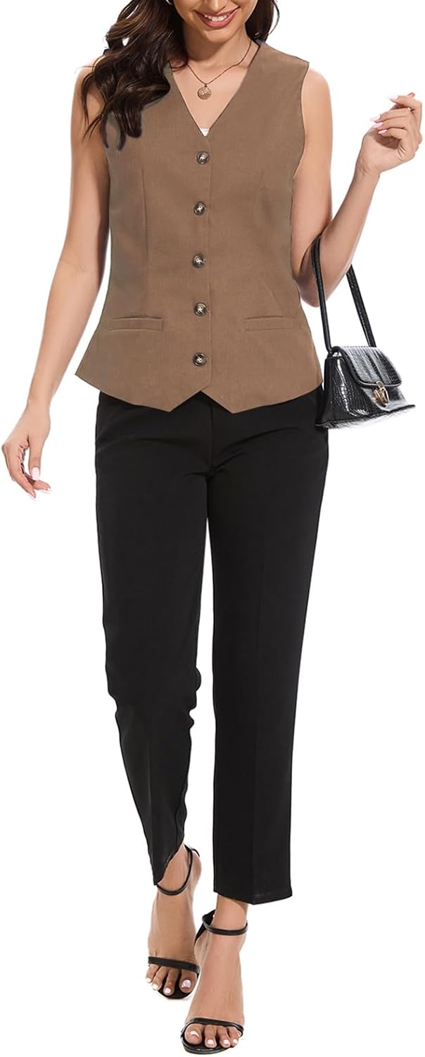 Womens Linen Vest Waistcoat Lightweight V Neck 2025 Work Button Sleeveless Jacket Cotton Summer Vest Tops - Image 6