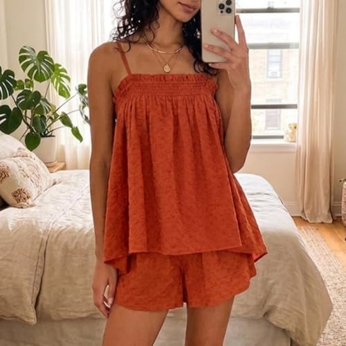 Image of SOOKABEILA Women 2 Piece Lounge Set Sleeveless Striped Cami Peplum Top Boxer Shorts Loose Ruffle Matching Pj Sets Outfits