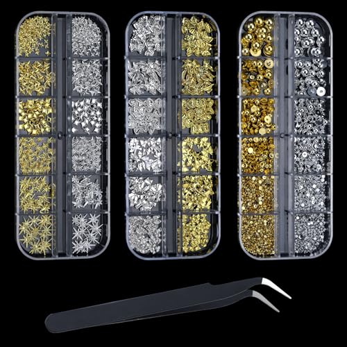 36 Typen Nail Charms, 3 Schachteln Charms Nägel, 3D Gold Silber Stern Schleifen und Perlen für Nageldesign Zubehör, Nail Art Nagelschmuck mit Pinzette für DIY Bastelprojekte