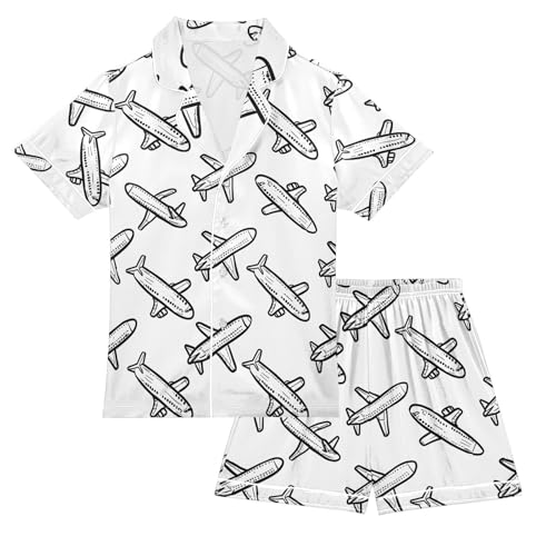 ALAZA Airplane White Black Pajamas Satin Pajama Set Short Sleeve Button Down Sleepwear