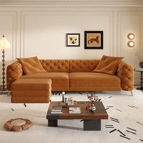 Image of KEIKI 97.7 inch Convertible Sleeper Sofa Bed, 3 in 1 Pull Out Sofa Bed, 4-Seater Button Tufted Couch with Movable Ottoman for Living Room, Bedroom, Apartment, Orange