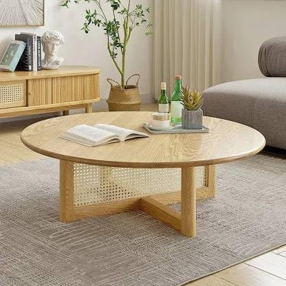 VEENUARTS Wooden Coffee Table, Modern Small Rattan Coffee Table,Round Coffee Table,Solid Wood Coffee Table | 85D x 85W x 36H Natural Finish