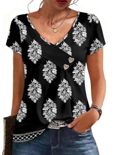 kipfall Womens Short Sleeve Summer Tops Button V Neck Tunic Shirts Dressy Casual Loose Fit Outfits