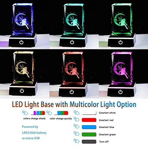 Ornalrist Crystal 3D Fairy With Moon Gifts For Girls, Laser Engrave Fairy Figurine Collectible Keepsake With Colorful Led Stand, Glass Fairy Gifts For Women Home Decor Paperweight #TOP1