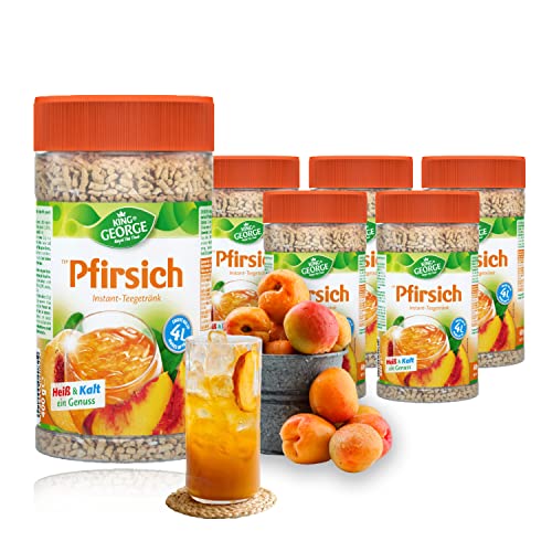 KING GEORGE - Royal Tea Time Pfirsich Instantgetränk 6 x 400 g Heiß & Kalt ein Genuss Instantteegetränk mit Pfirsich Geschmack ergibt bis zu 4 l Schwarzteeextrakt