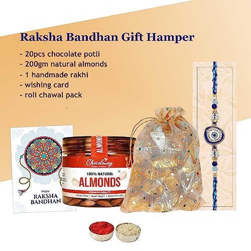Image of Chocoloony Rakhi Chocolate Gift 20pcs Milk Chocolate Potli, Almond 200gram Dry Fruit Gift & Designer Rakhi Rakshabandhan Chocolates Gift Hamper for Brother Bhai