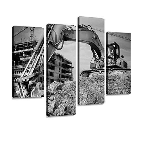Yking1 Excavator At Construction Site Wall Art Painting Pictures Print On Canvas Stretched & Framed Artworks Modern Hanging Posters Home Decor 4Panel #TOP3
