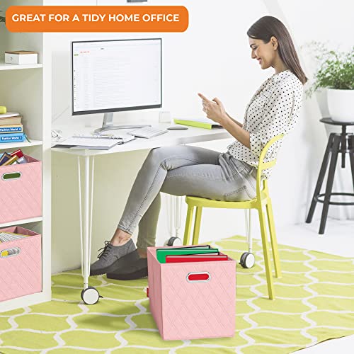 Jiaessentials Small 11-Inch Pink Foldable Diamond Patterned Faux Leather Storage Cube Bins Set Of Four With Handles With Dual Handles For Living Room, Bedroom And Office Storage #TOP4